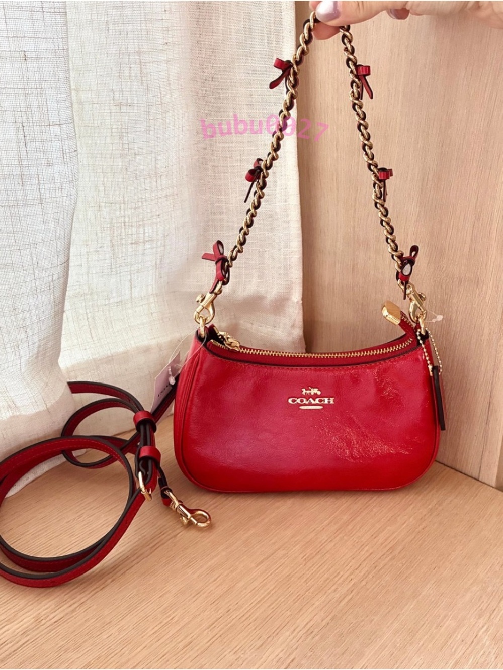 NWT🎀Coach Teri Mini Crossbody Shoulder Bag With Bows Bright Cherry Red CDW68